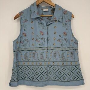 Kim Rogers Sleeveless‎ Button Down Women's XL Blue Embroidered Paisley Bohemian